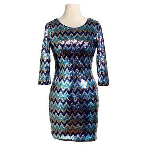 As U Wish Blue Gold Chevron Sequin Bodycon Dress 3/4 Sleeves Scoop Back Size S